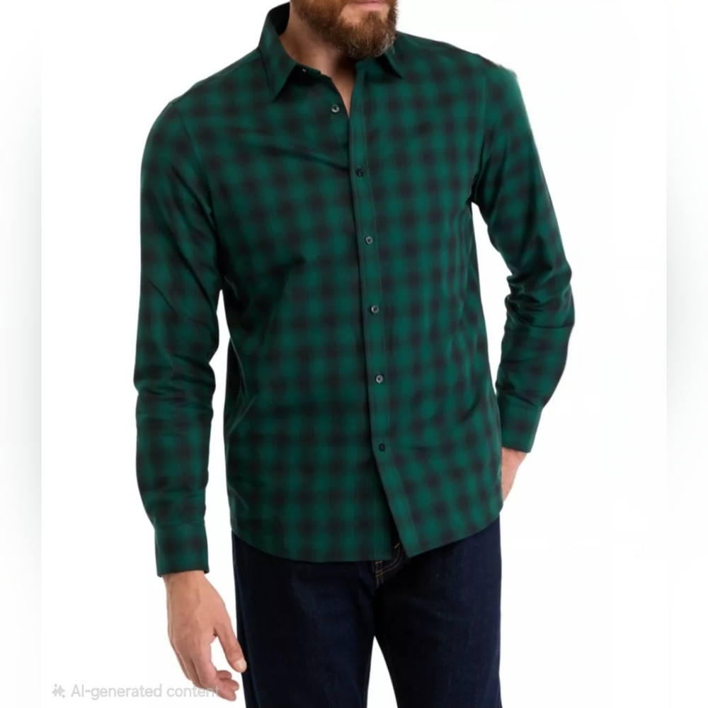 Michael Kors Long Sleeve Button Up Classic Shadow Plaid Shirt: Emerald Green